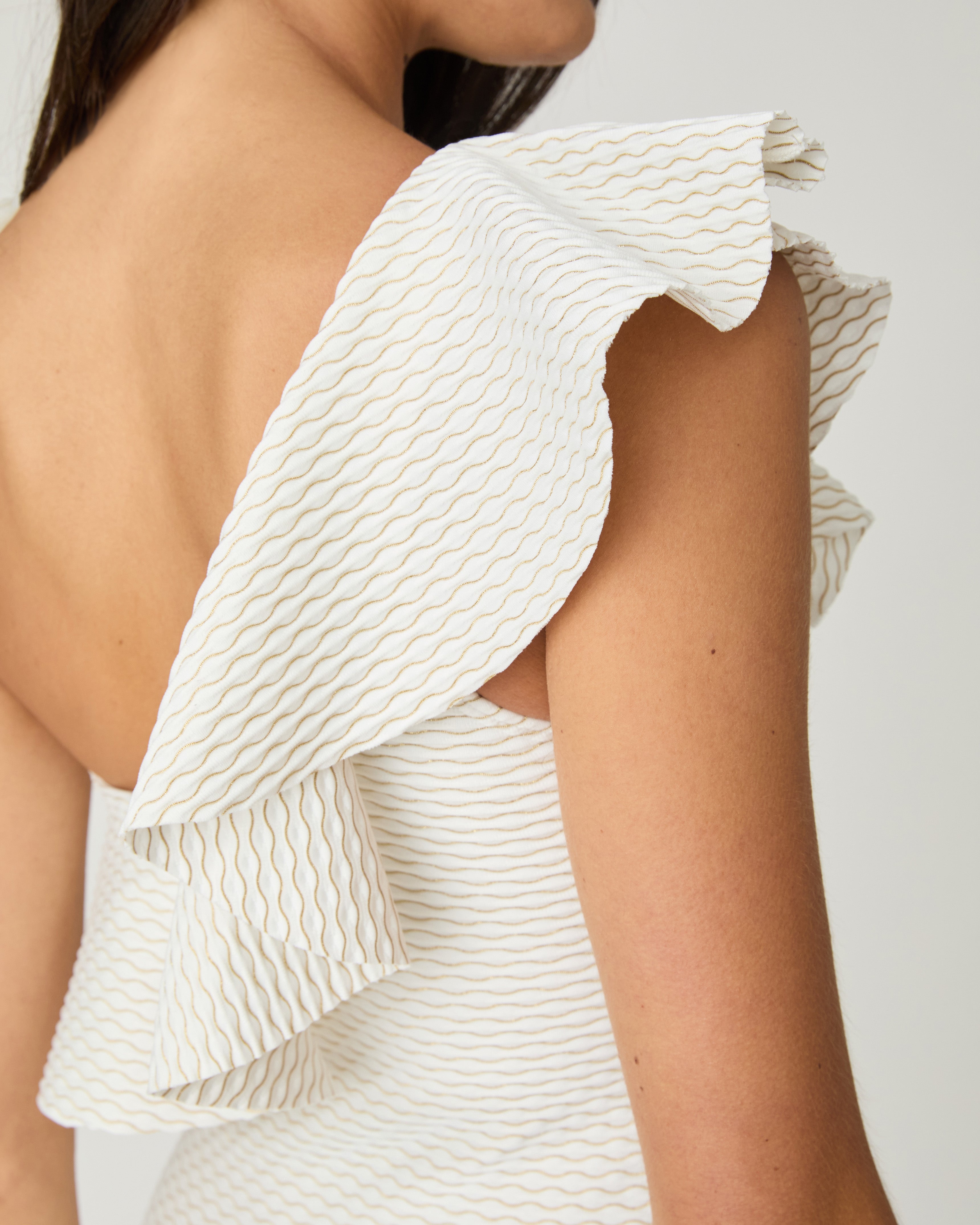 Ivory and Gold Ruffle One Shoulder One Piece Swimsuit