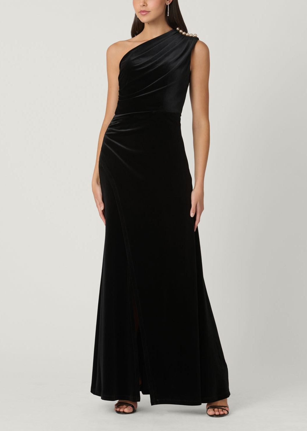 slim fit dress slacks Geneva One Shoulder Wrap Maxi Dress Black