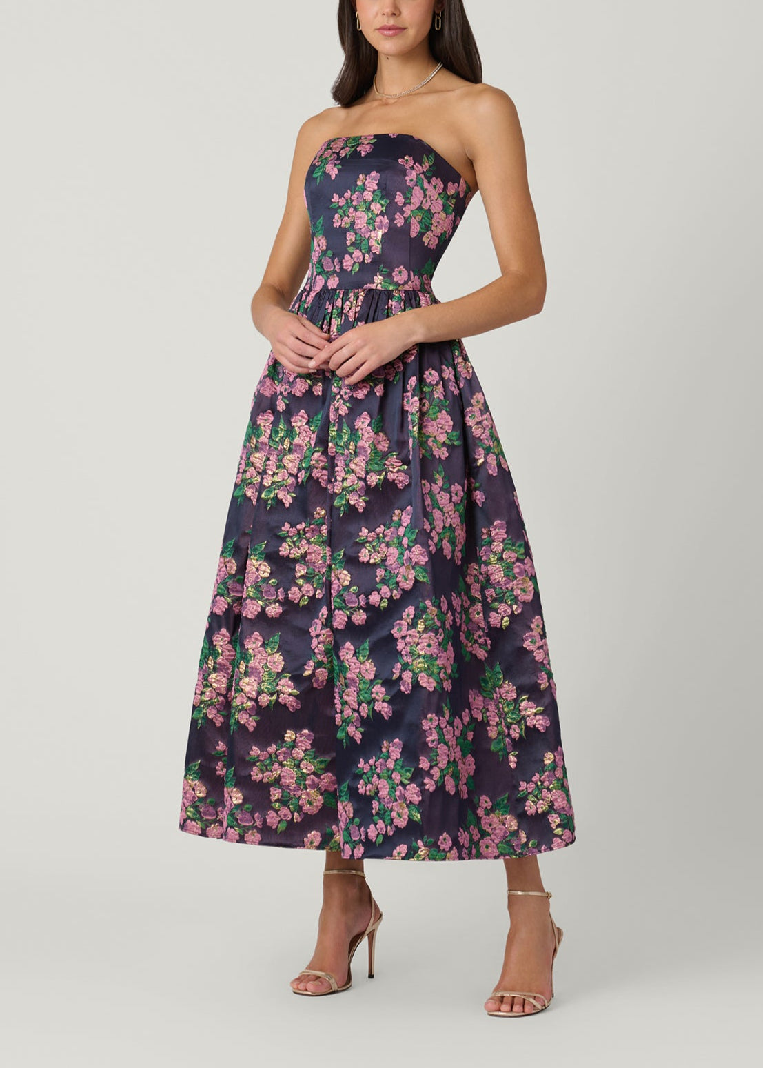 Midnight Dana Metallic Floral Jacquard Strapless Dress 6 / Pink Multi