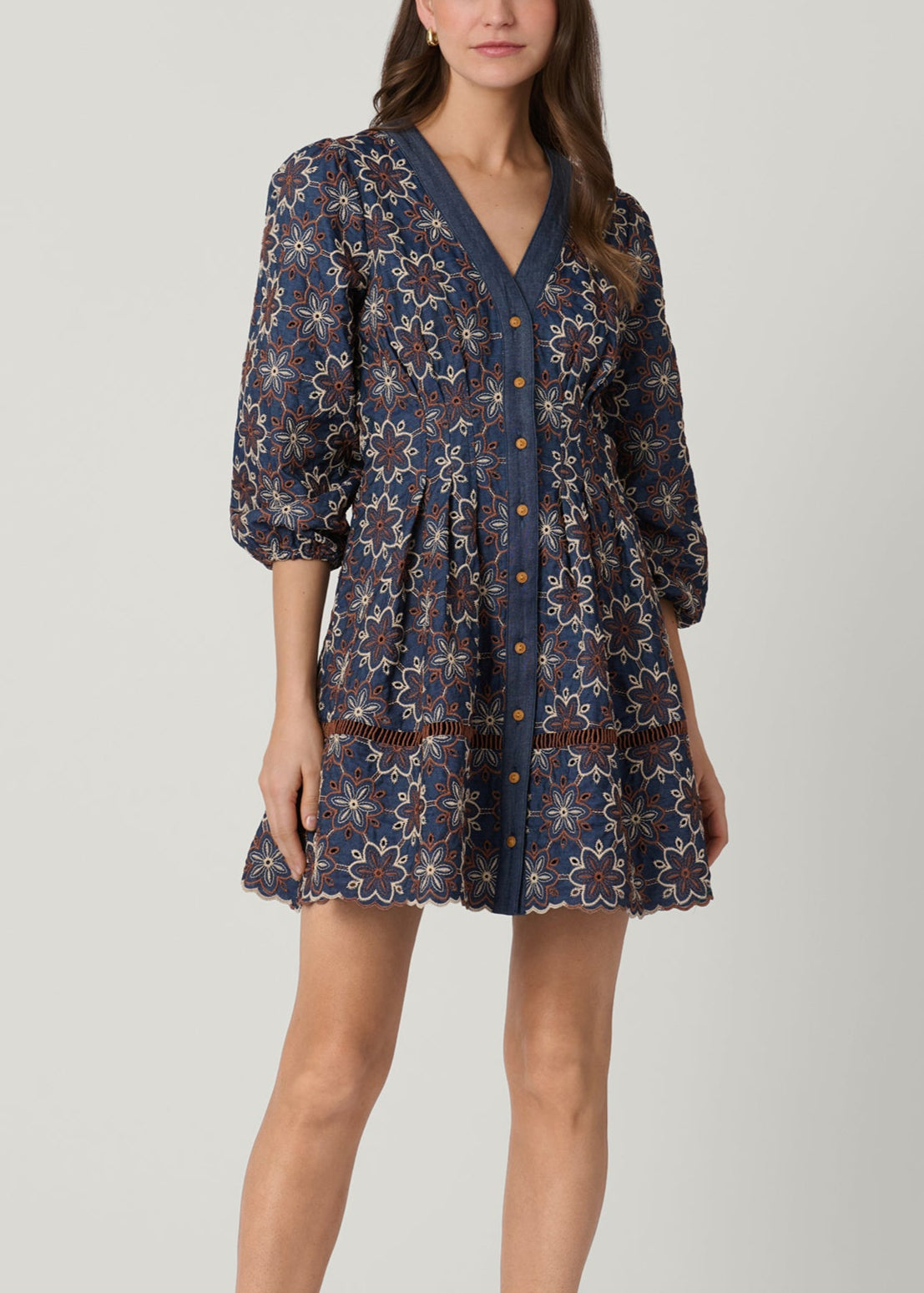 chinese dress ladies Lina Embroidered Chambray Balloon-Sleeve Mini Dress 10 / Navy
