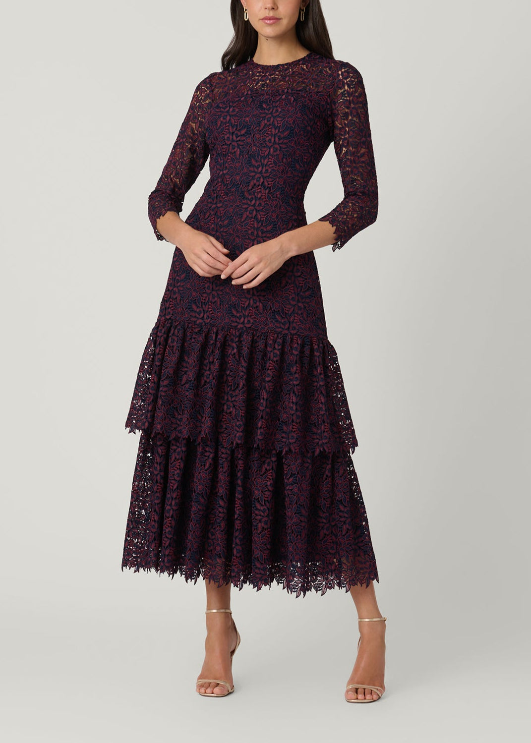 chinese dress ladies Shoshanna Women's Darcy Floral Lace Midi-Dress - Cherry