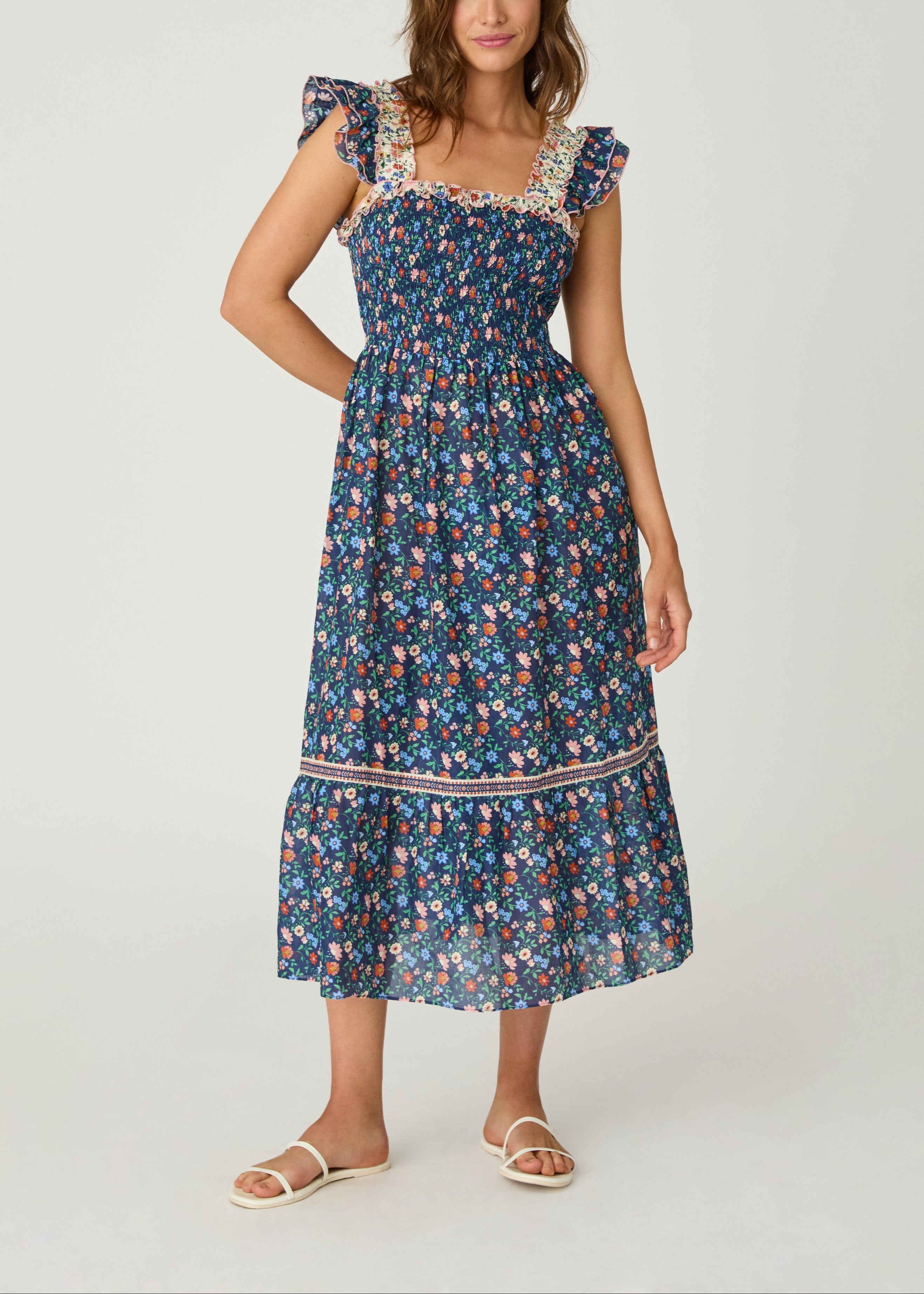 Navy Multi Smocked Midi Dress