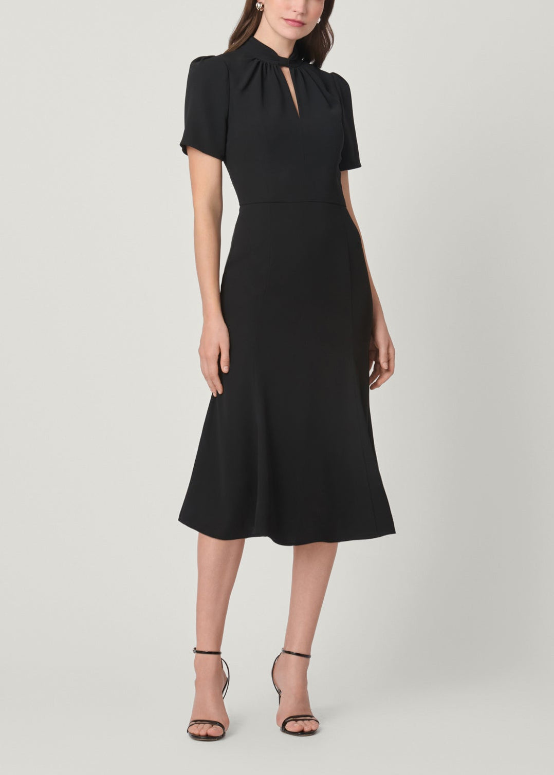 Allegra Jet Black Crepe Ruched V-Cutout Midi Dress Shoshanna Allegra Jet Black Crepe Ruched V-Cutout Midi Dress Shoshanna