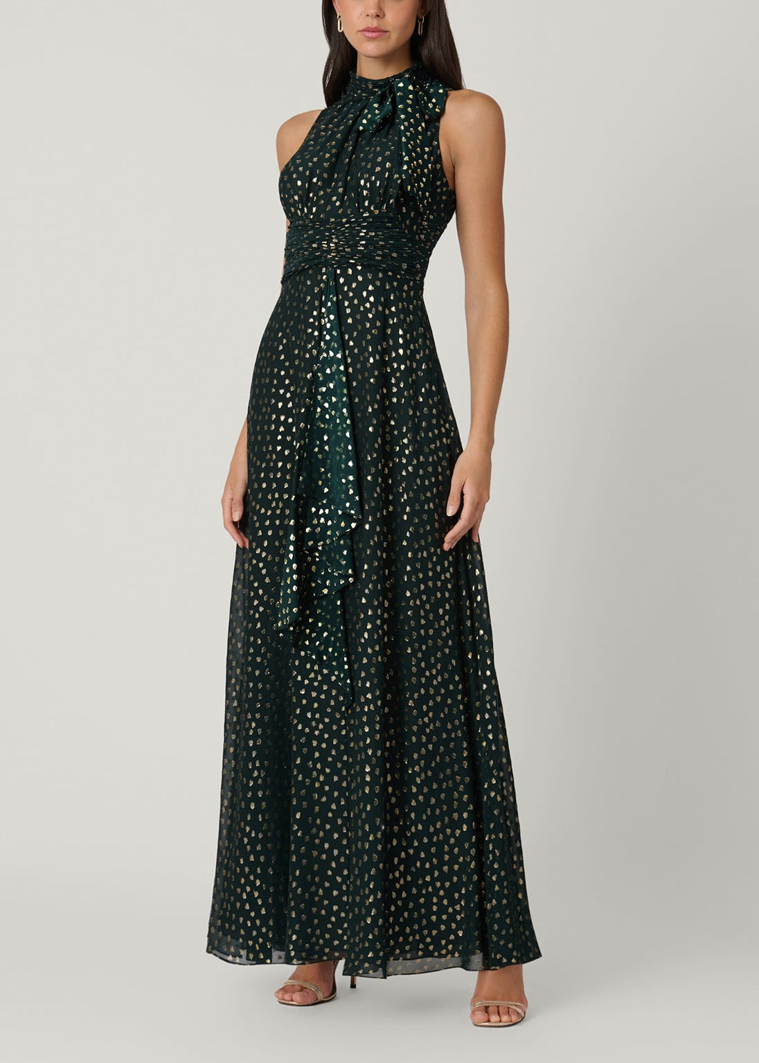 slim fit dress slacks Midnight Faye Emerald Lurex Chiffon High-Neck Bow Dress – Shoshanna