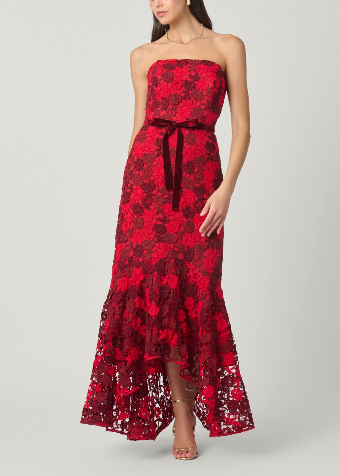 Midnight Cierra Red Burgundy Lace Strapless Velvet-Bow Dress Shoshanna Midnight Cierra Red Burgundy Lace Strapless Velvet-Bow Dress Shoshanna