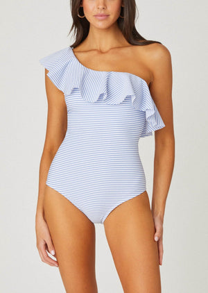Chambray One Shoulder Ruffle One Piece