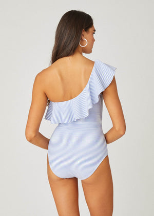 Chambray One Shoulder Ruffle One Piece