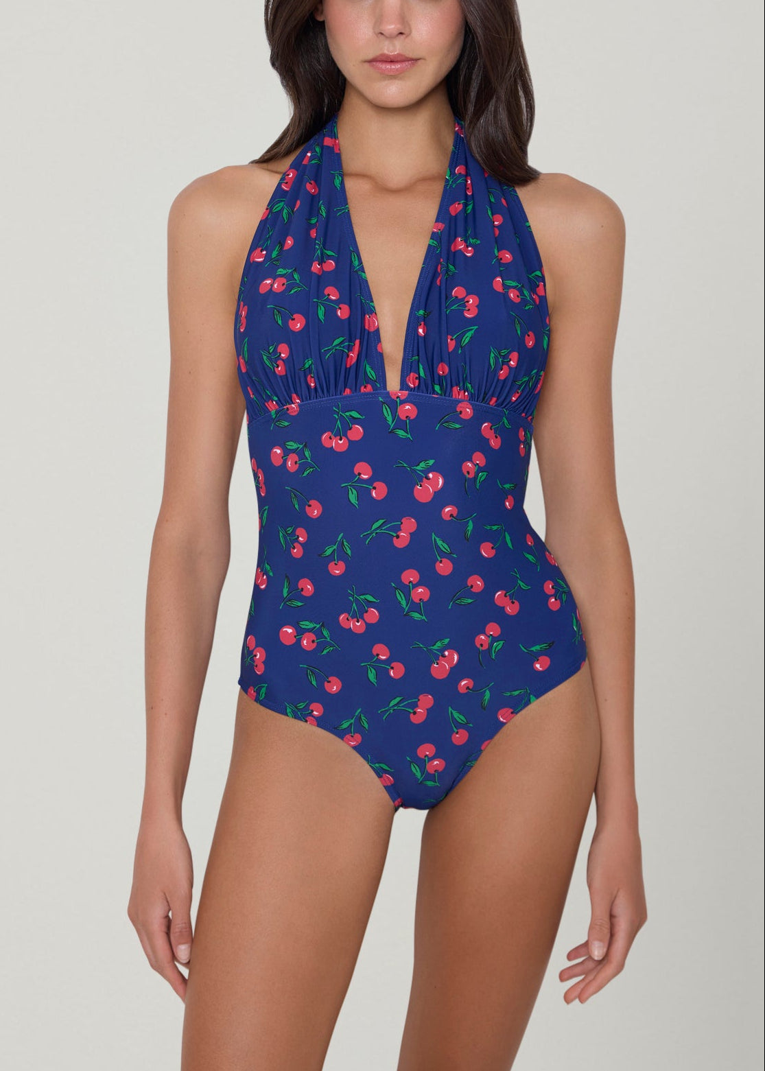 Shoshanna Women's Cherry Print Halterneck One-Piece Swimsuit - Navy Red Green - Size 0