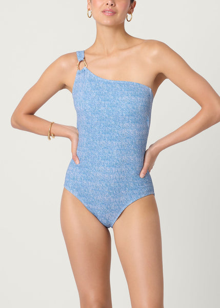 Denim One-Shoulder Ring One-Piece Swimsuit | Shoshanna – Shoshanna