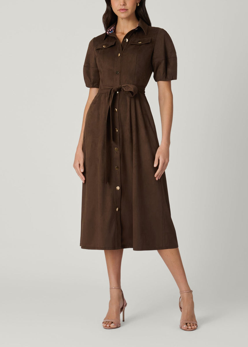 Shoshanna Women's Mara Faux-Suede Button-Front Midi-Dress - Espresso - Size 4 Shoshanna Women's Mara Faux-Suede Button-Front Midi-Dress - Espresso - Size 4