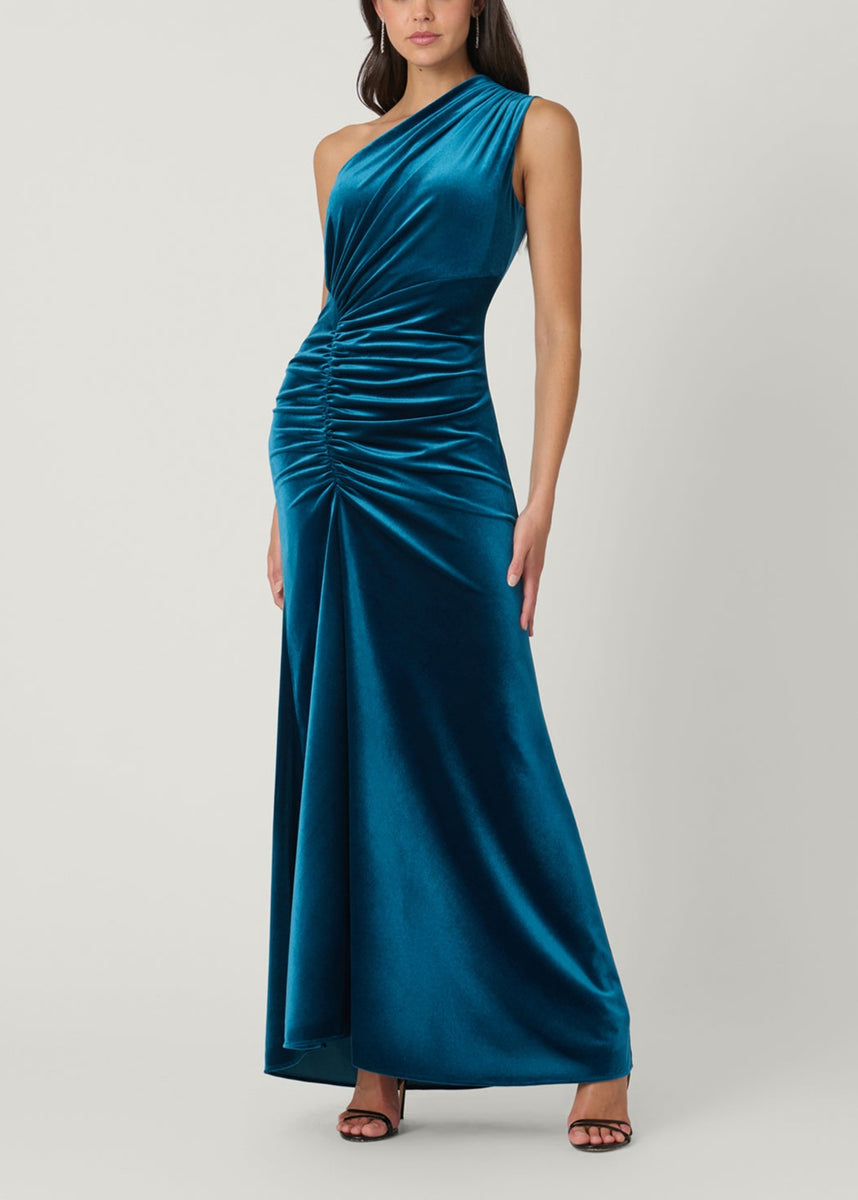 Midnight Amaryllis Jewel-Tone Velvet One-Shoulder Dress – Shoshanna