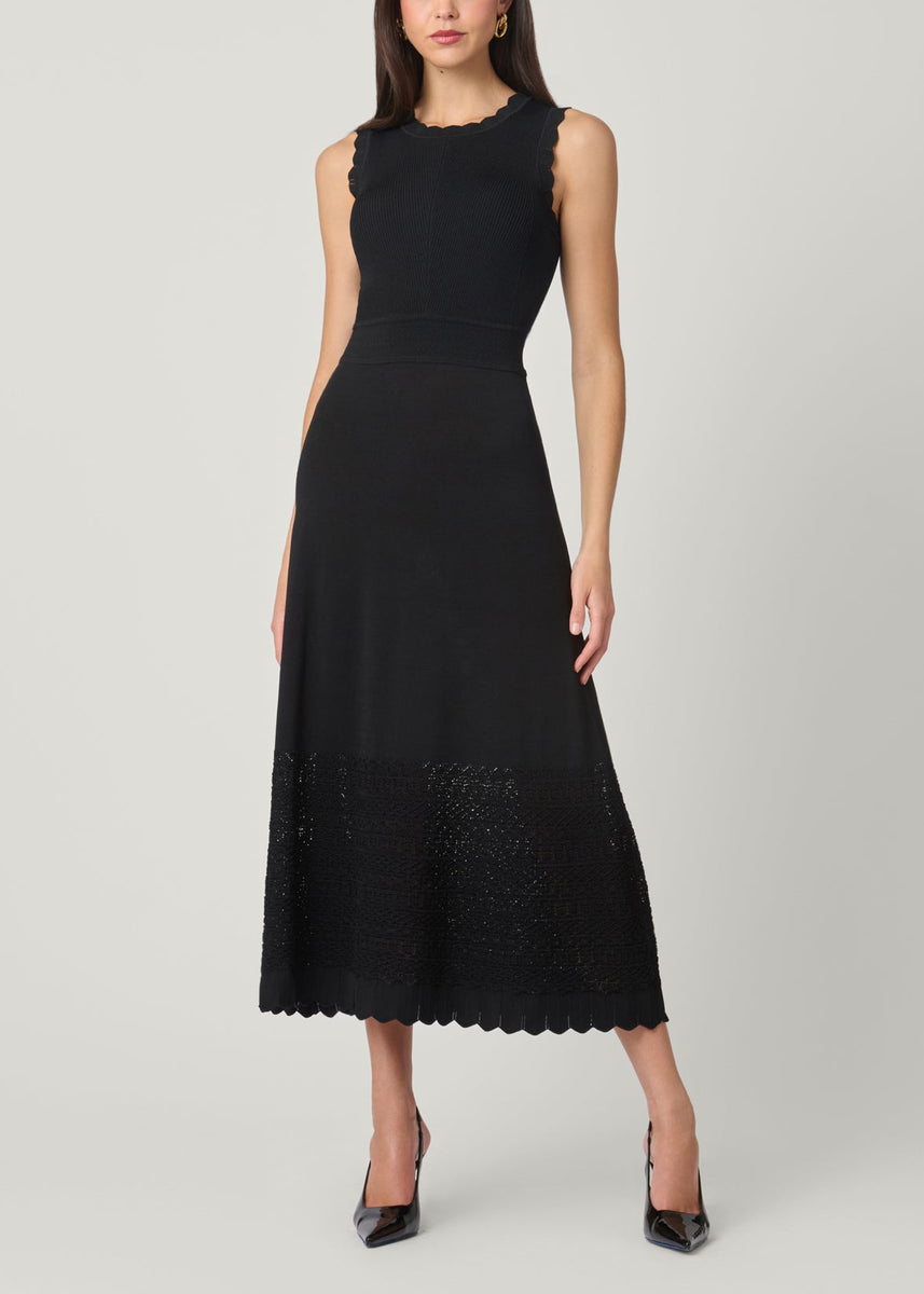 shoshanna midi dress Women's Brooke Scalloped A-Line Midi-Dress - Jet maternity trousers Shoshanna melrose swiss dot Brown Jumper Dresses | Color:Black Green