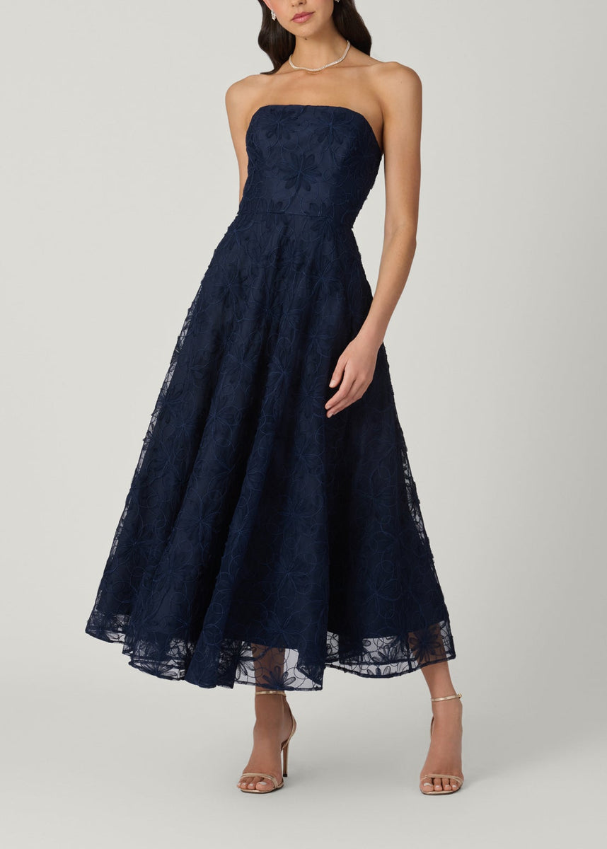 Shoshanna Women's McCall Floral Embroidered Strapless Tea-Length Dress - Navy - Size 14