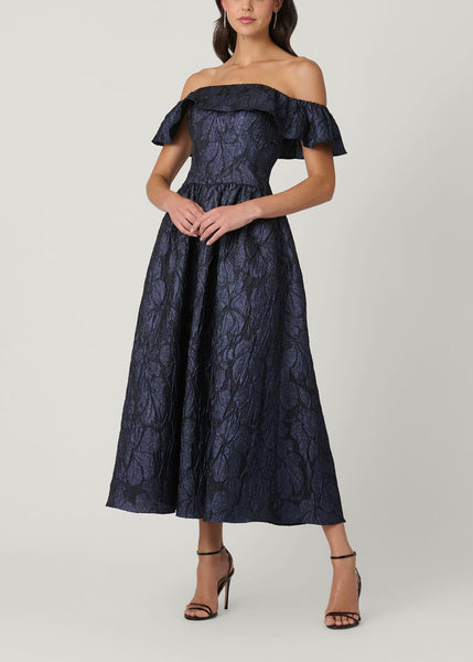 Midnight Solana Navy Lurex Jacquard Off-Shoulder Cocktail Dress