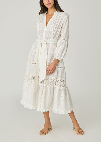Milos White Embroidered Midi Dress With Tie Waist – Shoshanna