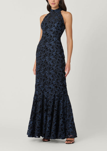 slim fit dress slacks Midnight Marcia Two-Tone Velvet Lace High-Neck Dress – Shoshanna