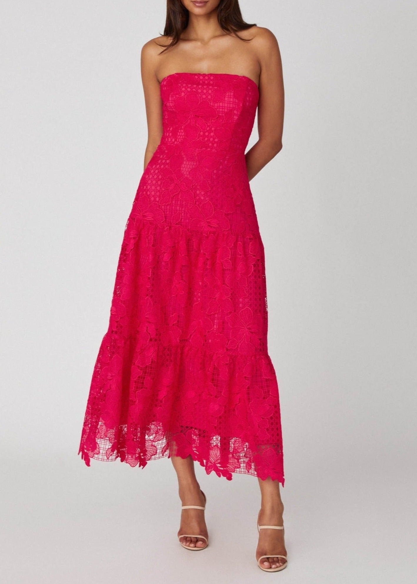 SHOSHANNA hot pink Uma lace halter midi sale dress