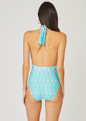 Mint and Pink Halter One Piece Swimsuit