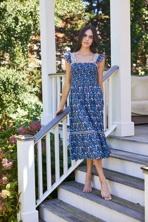 Navy Multi Smocked Midi Dress