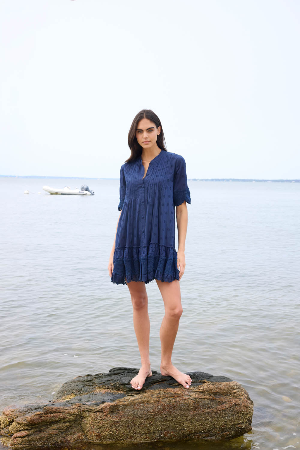 Navy Milos Mini Dress with Lace Button-Down – Shoshanna